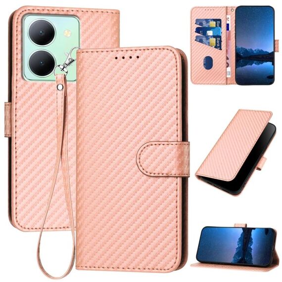 Per vivo Y78 5G Global YX0070 Custodia per telefono in pelle con fibbia in fibra di carbonio con cordino (rosa)