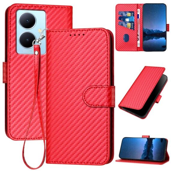 Per vivo Y78 + 5G Global YX0070 Custodia per telefono in pelle con fibbia in fibra di carbonio con cordino (rosso)