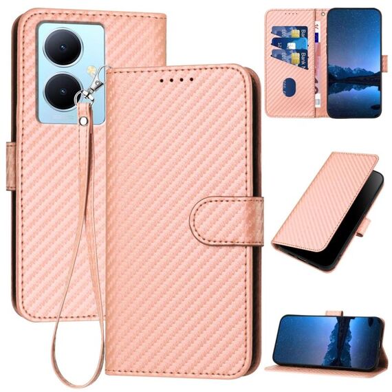 Per vivo Y78 + 5G Global YX0070 Custodia per telefono in pelle con fibbia in fibra di carbonio con cordino (rosa)