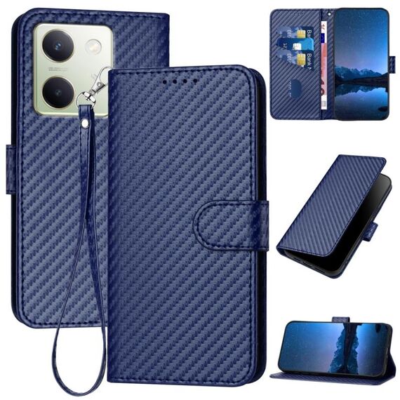 Per vivo Y100 5G Global YX0070 Custodia per telefono in pelle con fibbia in fibra di carbonio con cordino (blu reale)
