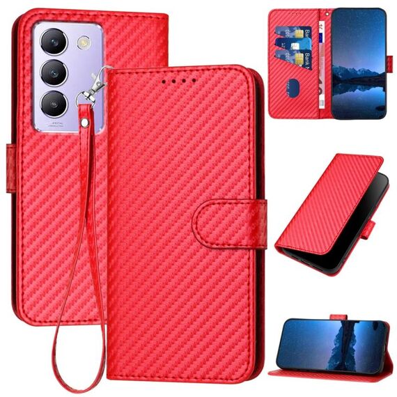 Per vivo Y100 5G IDN / Y200e 5G Global YX0070 Custodia per telefono in pelle con fibbia in fibra di carbonio con cordino (rosso)