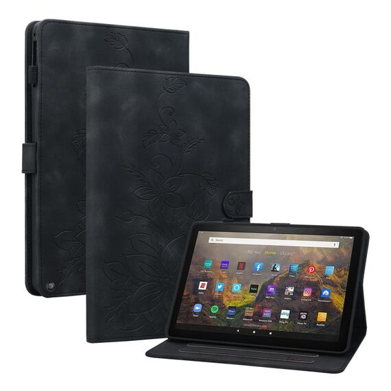 Custodia smart tablet in pelle goffrata giglio per Amazon Fire HD10 / HD10 Plus 2021 (nero)