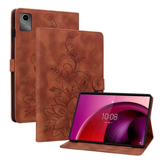 Custodia per tablet in pelle goffrata giglio per Lenovo Tab M11/Xiaoxin Pad 11 2024 (marrone)