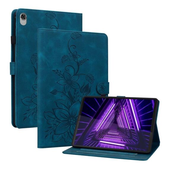 Custodia per tablet in pelle goffrata Giglio per Lenovo Tab K10 (blu scuro)