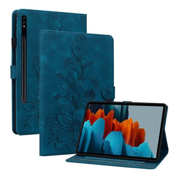 Custodia tablet in pelle goffrata giglio per Samsung Galaxy Tab S7 FE/S8+/S7+ (blu scuro)