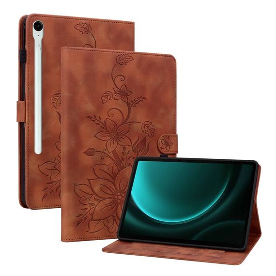 Custodia per tablet in pelle goffrata Giglio per Samsung Galaxy Tab S9 / S9 FE (marrone)