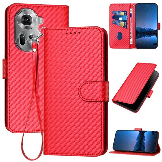 Per OPPO Reno11 Global YX0070 Custodia per telefono in pelle con fibbia in fibra di carbonio con cordino (rosso)