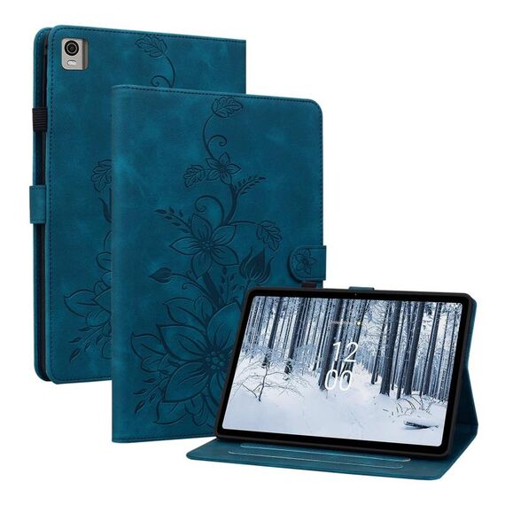 Custodia per tablet in pelle goffrata Giglio per Nokia T10 (blu scuro)