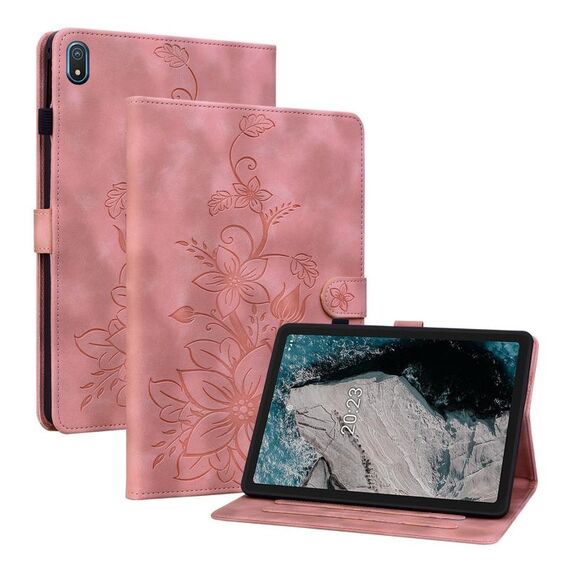 Custodia per tablet in pelle goffrata Giglio per Nokia T20 10.4 2021 (rosa)