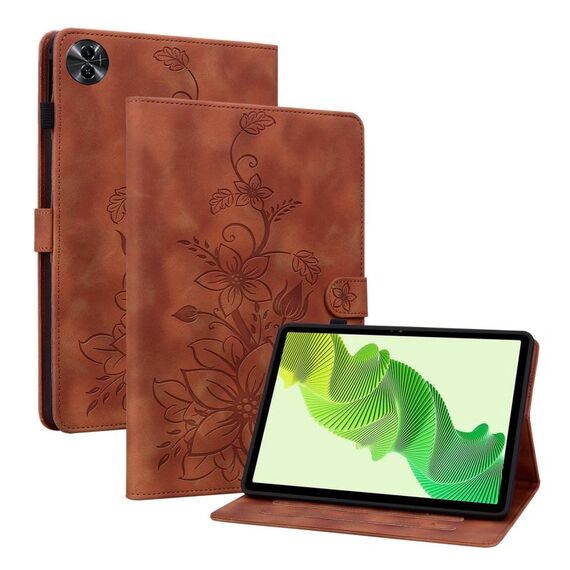 Custodia per tablet in pelle goffrata Giglio per Realme Pad 2 11.5 (marrone)
