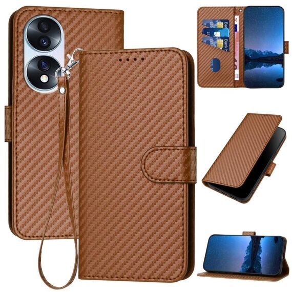 Per Honor 70 YX0070 Custodia per telefono in pelle con fibbia in fibra di carbonio con cordino (caffè)