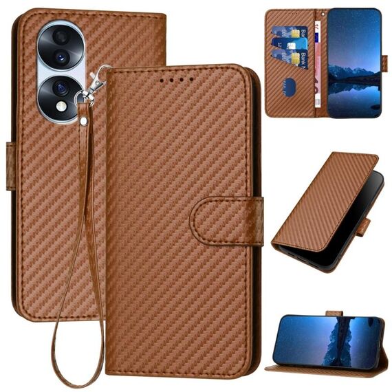 Per Honor 70 Pro / 70 Pro+ YX0070 Custodia per telefono in pelle con fibbia in fibra di carbonio con cordino (caffè)