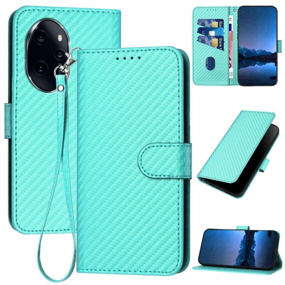Per Honor 100 Pro YX0070 Custodia per telefono in pelle con fibbia in fibra di carbonio con cordino (azzurro)