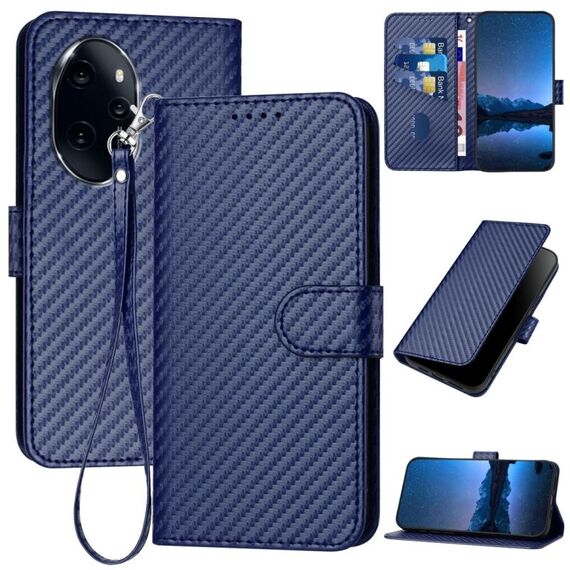 Per Honor 100 Pro YX0070 Custodia per telefono in pelle con fibbia in fibra di carbonio con cordino (blu reale)