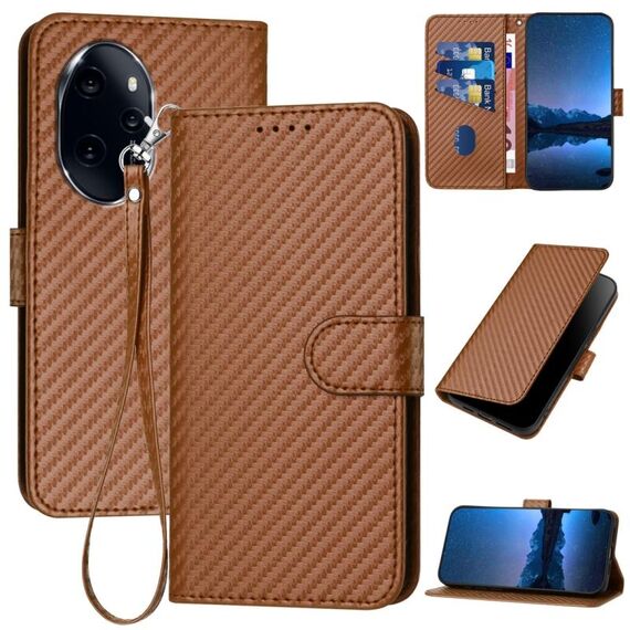 Per Honor 100 Pro YX0070 Custodia per telefono in pelle con fibbia in fibra di carbonio con cordino (caffè)