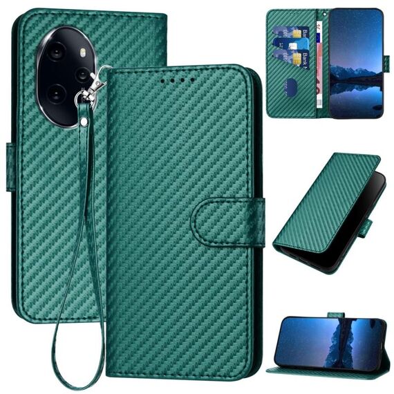 Per Honor 100 Pro YX0070 Custodia per telefono in pelle con fibbia in fibra di carbonio con cordino (verde scuro)