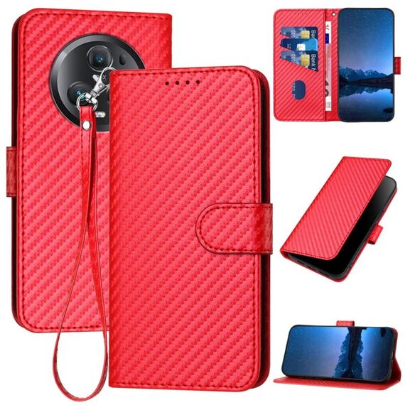 Custodia per telefono in pelle con fibbia in fibra di carbonio per Honor Magic5 Pro YX0070 con cordino (rosso)