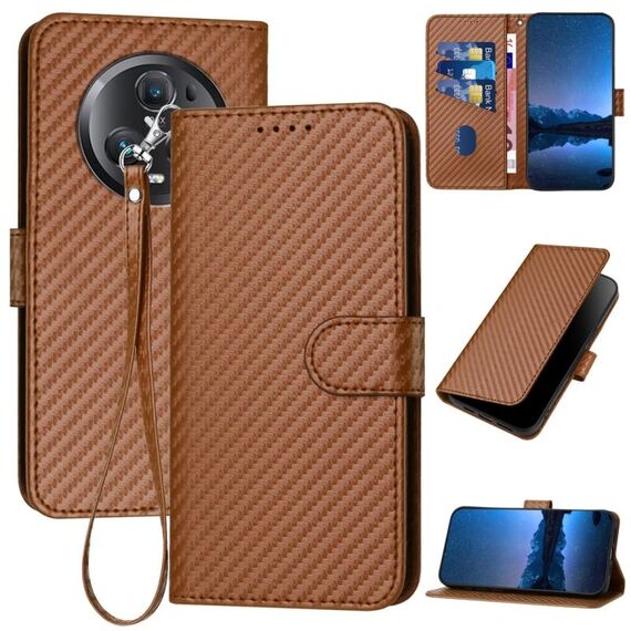 Per Honor Magic5 Pro YX0070 Custodia per telefono in pelle con fibbia in fibra di carbonio con cordino (caffè)
