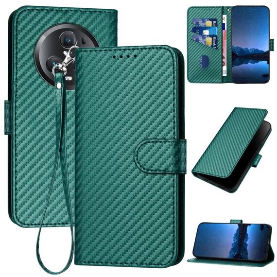 Per Honor Magic5 Pro YX0070 Custodia per telefono in pelle con fibbia in fibra di carbonio con cordino (verde scuro)