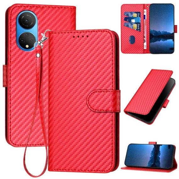 Custodia per telefono in pelle con fibbia in fibra di carbonio per Honor X7 4G / Play 30 Plus YX0070 con cordino (rosso)