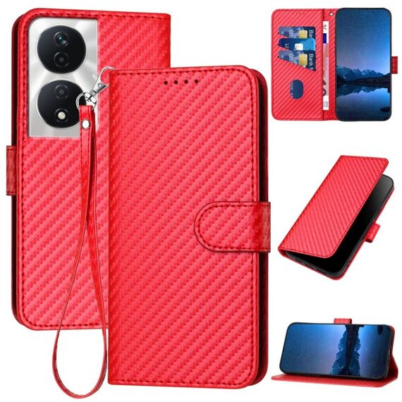 Custodia per telefono in pelle con fibbia in fibra di carbonio per Honor X7b 5G YX0070 con cordino (rosso)