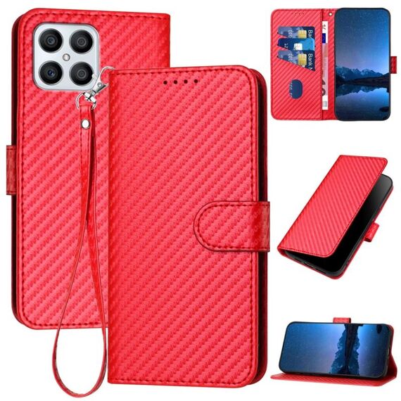 Per Honor X8 4G / X30i / Play6T Pro YX0070 Custodia per telefono in pelle con fibbia in fibra di carbonio con cordino (Rosso)