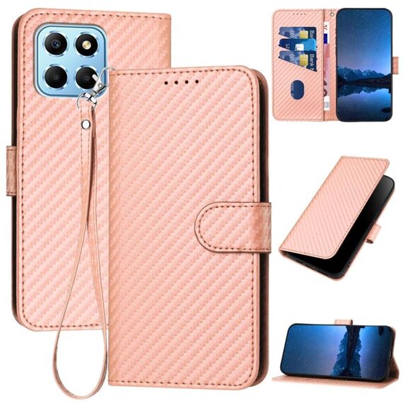Per Honor X8 5G YX0070 Custodia per telefono in pelle con fibbia in fibra di carbonio con cordino (rosa)