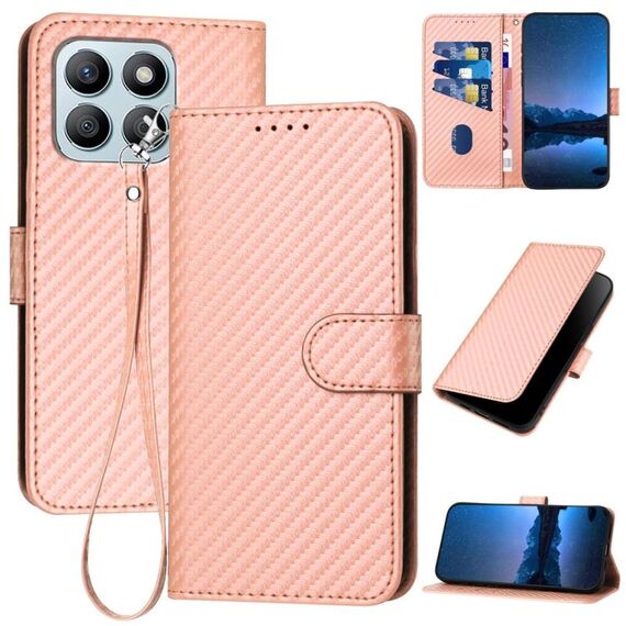 Per Honor X8b YX0070 Custodia per telefono in pelle con fibbia in fibra di carbonio con cordino (rosa)