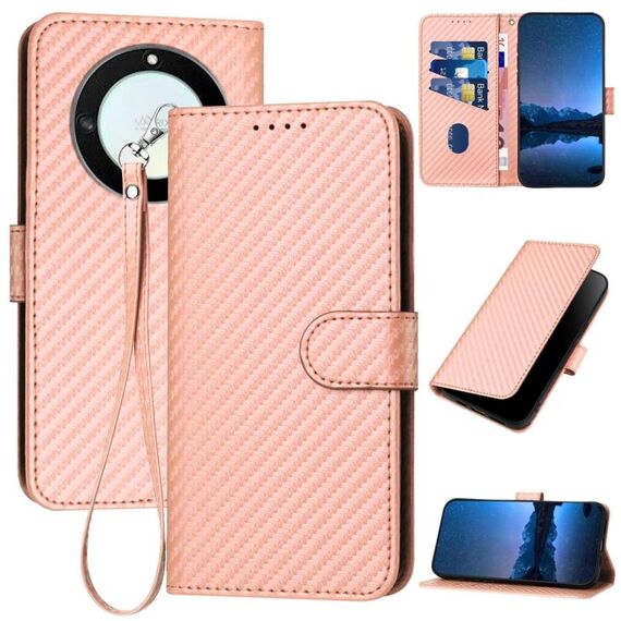 Per Honor X40 5G / X9a 5G / Magic5 Lite YX0070 Custodia per cellulare in pelle con fibbia in fibra di carbonio con cordino (rosa)