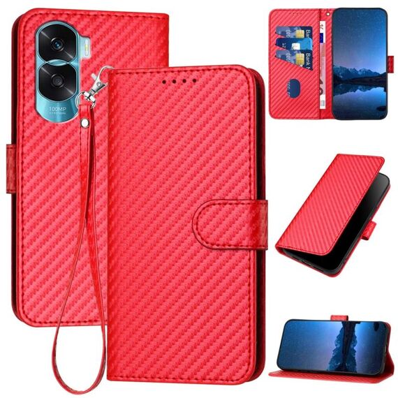 Per Honor X50i 5G / 90 Lite YX0070 Custodia per telefono in pelle con fibbia in fibra di carbonio con cordino (rosso)