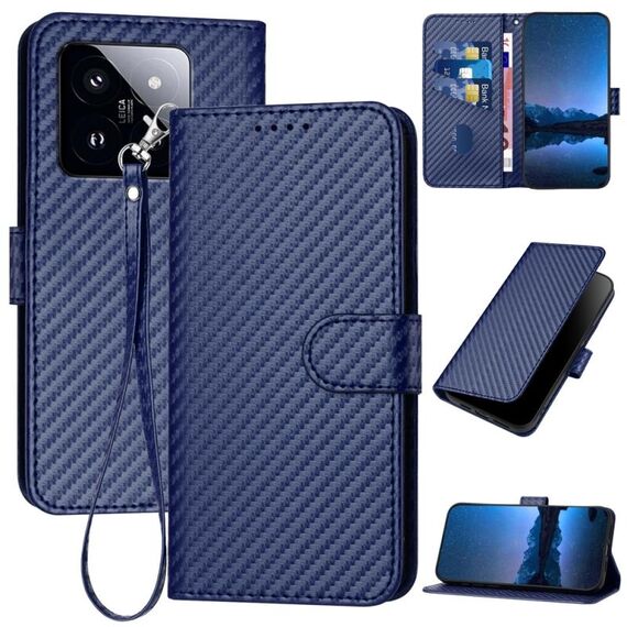 Per Xiaomi 14 Pro YX0070 Custodia per telefono in pelle con fibbia in fibra di carbonio con cordino (blu reale)