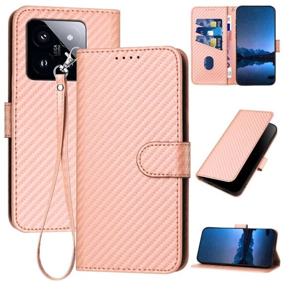 Per Xiaomi 14 Pro YX0070 Custodia per telefono in pelle con fibbia in fibra di carbonio con cordino (rosa)