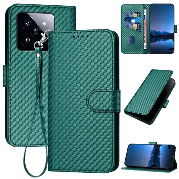 Per Xiaomi 14 Pro YX0070 Custodia per telefono in pelle con fibbia in fibra di carbonio con cordino (verde scuro)