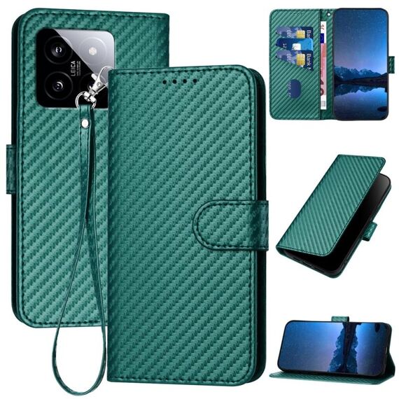 Per Xiaomi 14 YX0070 Custodia per telefono in pelle con fibbia in fibra di carbonio con cordino (verde scuro)