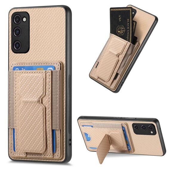 Per Samsung Galaxy S23 FE 5G Custodia per telefono con supporto pieghevole in fibra di carbonio e elastico (cachi)