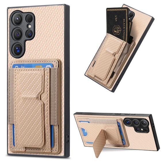 Per Samsung Galaxy S22 Ultra 5G Custodia pieghevole in fibra di carbonio con supporto elastico per carta (cachi)