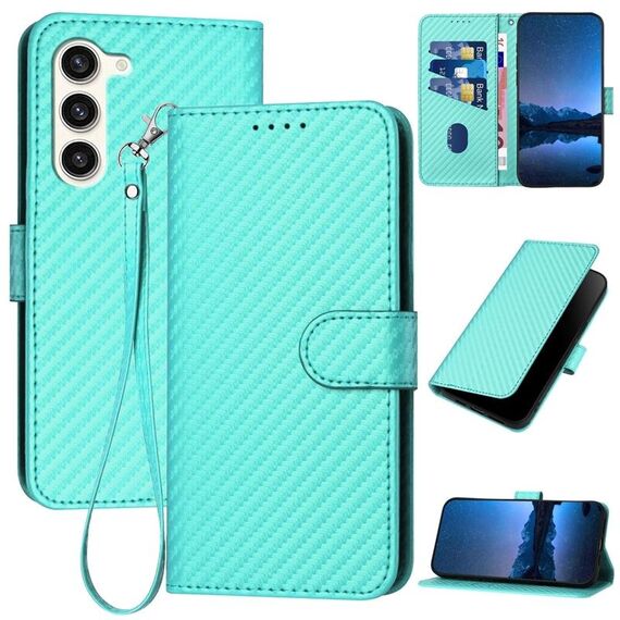 Per Samsung Galaxy S23 5G YX0070 Custodia per telefono in pelle con fibbia in fibra di carbonio con cordino (azzurro)