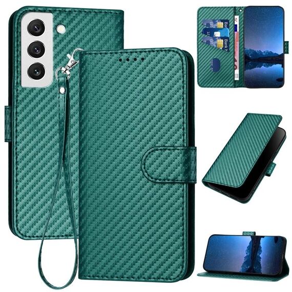 Per Samsung Galaxy S22 5G YX0070 Custodia per telefono in pelle con fibbia in fibra di carbonio con cordino (verde scuro)