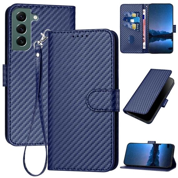 Per Samsung Galaxy S22+ 5G YX0070 Custodia per telefono in pelle con fibbia in fibra di carbonio con cordino (blu reale)