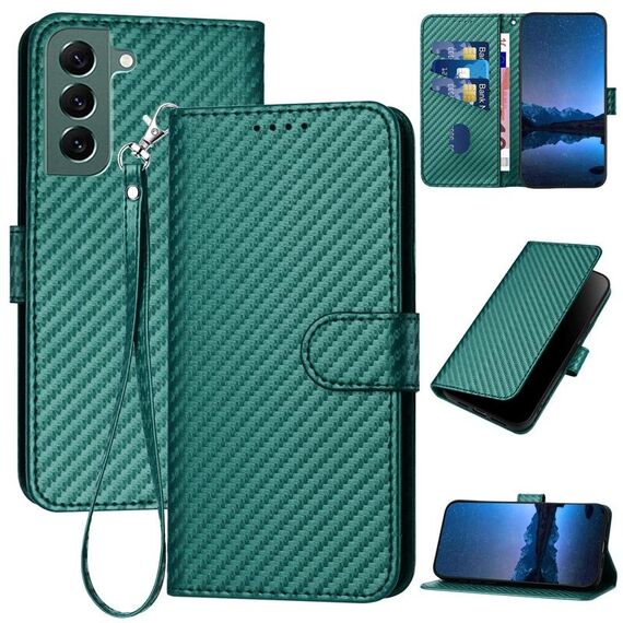 Per Samsung Galaxy S22+ 5G YX0070 Custodia per telefono in pelle con fibbia in fibra di carbonio con cordino (verde scuro)