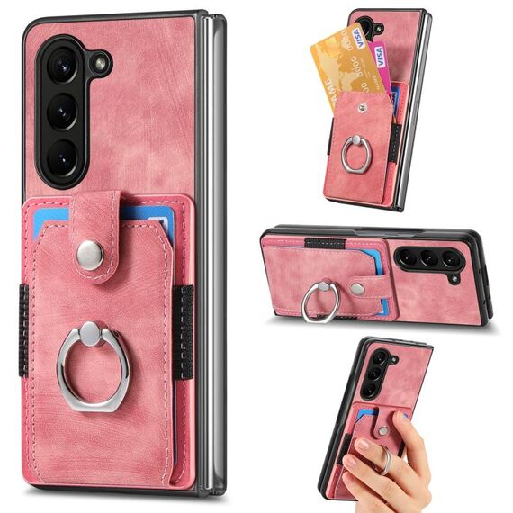 Per Samsung Galaxy Z Fold6 5G Custodia per telefono a portafoglio multi-scheda con anello effetto pelle retrò (rosa)
