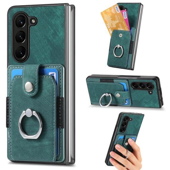 Per Samsung Galaxy Z Fold6 5G Custodia per telefono a portafoglio multi-scheda con anello effetto pelle retrò (verde)