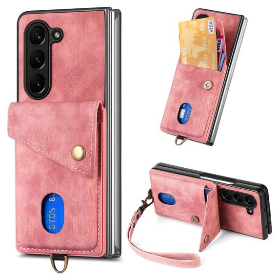 Per Samsung Galaxy Z Fold6 5G Custodia per telefono pieghevole in pelle con portafoglio per carte retrò con cinturino (rosa)