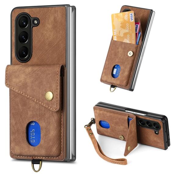 Per Samsung Galaxy Z Fold6 5G Custodia per telefono pieghevole in pelle con portafoglio per carte retrò con cinturino (marrone)