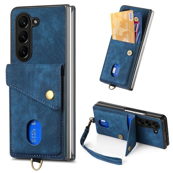 Per Samsung Galaxy Z Fold6 5G Custodia per telefono pieghevole in pelle con portafoglio per carte retrò con cinturino (Bule)