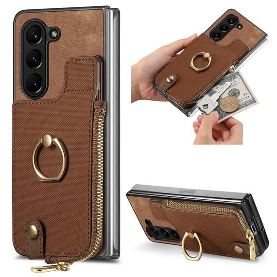 Custodia per telefono in pelle con anello a portafoglio con cerniera retrò per Samsung Galaxy Z Fold6 5G (marrone)