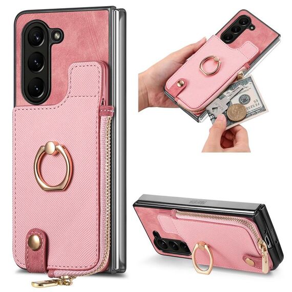 Per Samsung Galaxy Z Fold6 5G Custodia per telefono in pelle con anello a portafoglio con cerniera retrò (rosa)