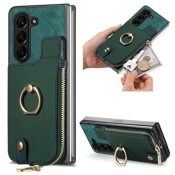 Custodia per telefono in pelle con anello a portafoglio con cerniera retrò per Samsung Galaxy Z Fold6 5G (verde)