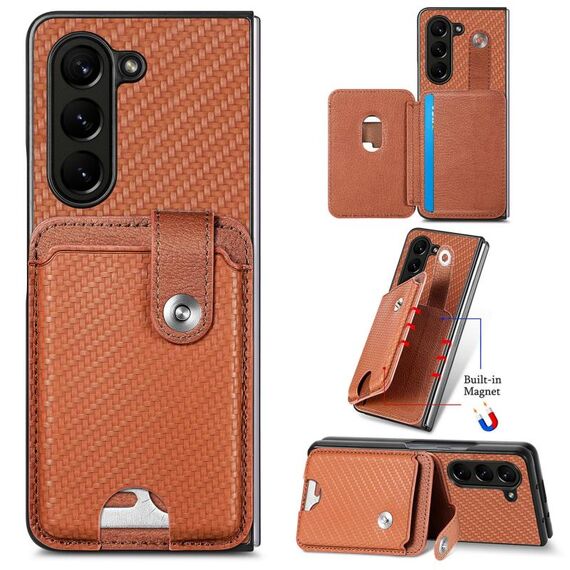 Per Samsung Galaxy Z Fold6 5G Porta carte di credito Cavalletto Custodia posteriore per telefono con coltello per attrezzi (marrone)