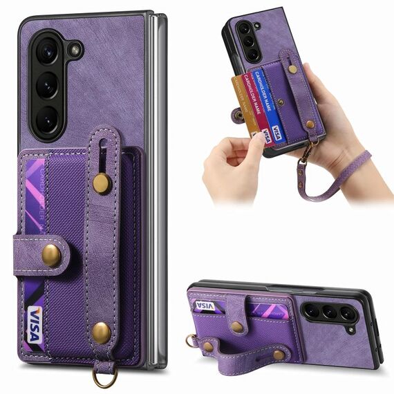 Per Samsung Galaxy Z Fold6 5G Custodia per telefono con retro in pelle con cinturino a croce retrò (viola)